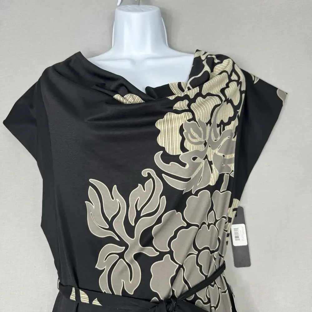 Komarov Womens Dress M Black Floral Jersey Knit Belted Cowl Neck Cocktail Career - Picture 2 of 11